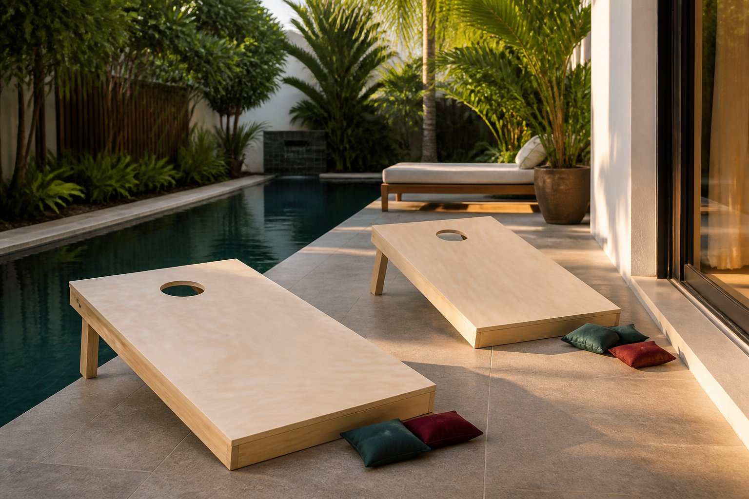 Cornhole board on a villa pool deck in Thailand