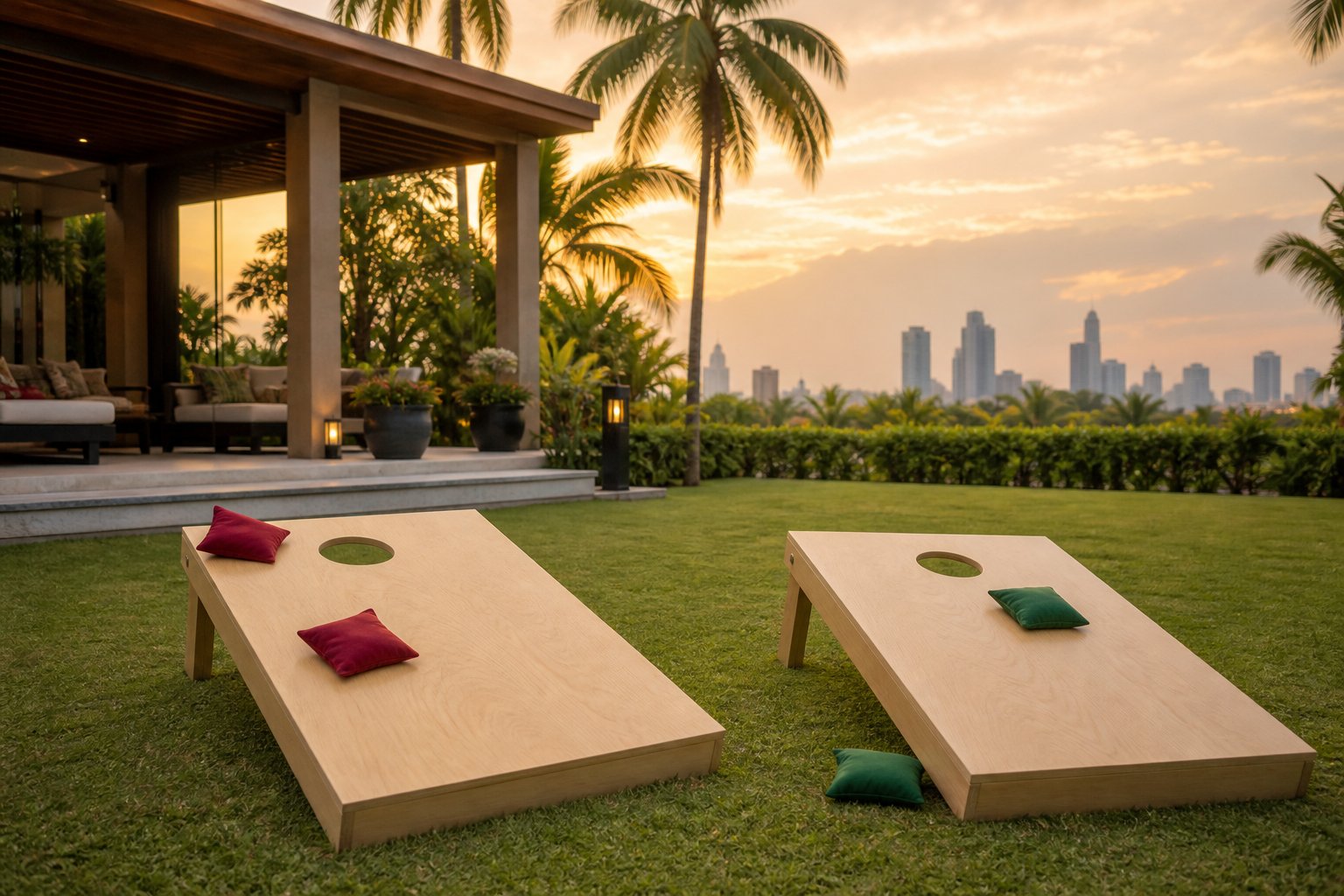 Wooden cornhole boards with bags on a tropical lawn in Thailand